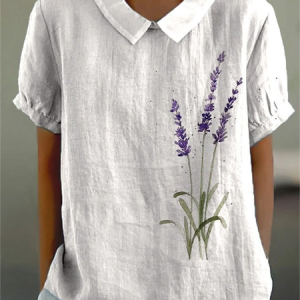 Women Floral Half Sleeve Blouse Summer Shawl Collar Daily Casual Top, JustFashionNow Shirts, color:White|size:4XL