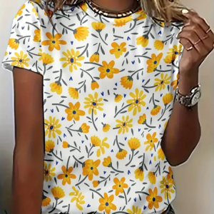 Women Floral Short Sleeve Tee T-shirt Crew Neck Printing Casual Summer Graphic Tee Top, JustFashionNow T-Shirts, color:Yellow|size:XXL