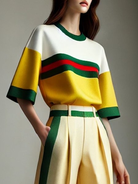 Casual Color Block Printing Crew Neck Loosen T-shirt, Tees, color:Yellow|size:XXL, Stylewe