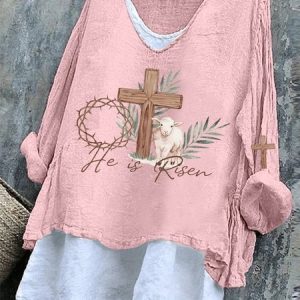 Vintage Easter (rabbit) V Neck Long Sleeve T-shirt, T-shirts, color:Pink|size:4XL, catalog Noracora shop