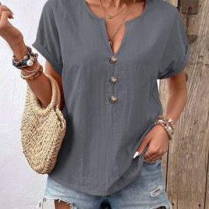Women Plain Short Sleeve Tee T-shirt V Neck Casual Summer Top, JustFashionNow T-Shirts, color:Gray|size:5XL