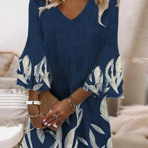 Women Abstract Half Sleeve Summer Printing Dress V Neck Daily Casual Maxi H-Line Dress, JustFashionNow Casual Dresses, color:Purplish Blue|size:XXL,