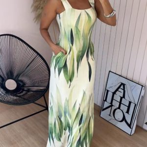 Plants Print Square Neck Thick Strap Maxi Dress Casual Slim Fit Side Slit Vacation Dress with Pockets, women Maxi Dresses, ChicMe catalog