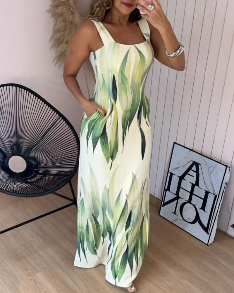 Plants Print Square Neck Thick Strap Maxi Dress Casual Slim Fit Side Slit Vacation Dress with Pockets, women Maxi Dresses, ChicMe catalog