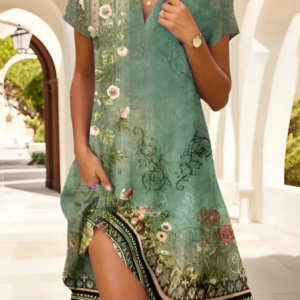Women Floral Short Sleeve Summer Printing Dress Shawl Collar Daily Casual Knee Length A-Line Dress, JustFashionNow Casual Dresses, color:Green|size:XXL,