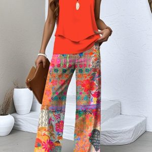 Women Floral Two-Piece Set Daily Sleeveless Casual Summer Top With Pants Matching Set, JustFashionNow Suit Set, color:Red|size:XXL