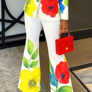 Elegant Floral Printing Flare Pants, Pants, color:As Picture|size:XXL, Stylewe
