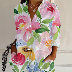 Shirt Collar Long Sleeve Floral Buckle Regular Loose Button Up Shirt Shirt For Women, Shirts, color:White|size:S, catalog Noracora shop
