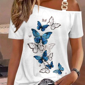 Butterfly Print Buckled Cold Shoulder Top, women T-shirt & Tees, ChicMe catalog