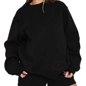 Women Plain Two-Piece Set Daily Long Sleeve Casual Spring/Fall Top With Pants Matching Set, JustFashionNow Suit Set, color:Black|size:XL,