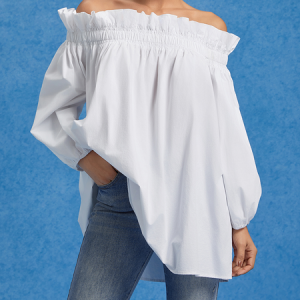 Casual Off-Shoulder Ruched Cotton Blouse, Blouses and Shirts, color:White|size:XXL, Stylewe