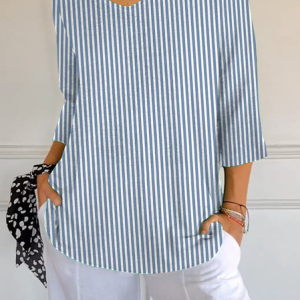 Women Striped Three Quarter Sleeve Tee T-shirt V Neck Printing Casual Spring/Fall Graphic Tee Top, JustFashionNow T-Shirts, color:Blue|size:5XL