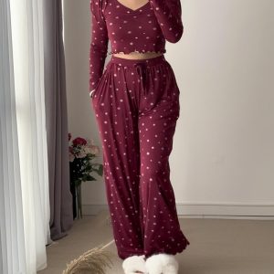 2 Pieces Outfit Star Print V-Neck Puff Sleeve Ruched Short Top and Casual Waist Drawstring Frill Hem Wide Leg Pants Set, women Pajamas Sets, ChicMe catalog