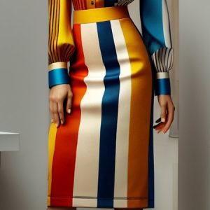 Elegant Printing Striped Midi Skirt, Skirts, color:As Picture|size:XXL, Stylewe