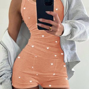 2 Pieces Pajamas Set Heart Pattern U Neck Sleeveless Tank and Casual Strechy Waist Shorts Set, women Robe &Gown Sets, ChicMe catalog