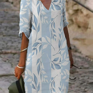 Women Striped Half Sleeve Summer Printing Dress V Neck Daily Casual Mini Shift Dress H-Line Dress, JustFashionNow Casual Dresses, color:Blue|size:3XL,