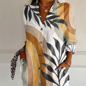 Women Geometric Long Sleeve Shirt Spring/Fall Buckle Shirt Collar Daily Casual Top, JustFashionNow Shirts, color:As Picture|size:4XL,