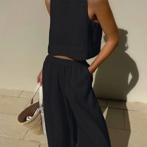 Women Plain Two-Piece Set Daily Sleeveless Casual Summer Top With Pants Matching Set, JustFashionNow Suit Set, color:Black|size:3XL,
