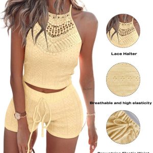 2 Pieces Outfits Contrast Lace Halter Sleeveless Knit Tank and Strechy Waist Drawstring Knit Shorts Set, women Two-piece Sets, ChicMe catalog