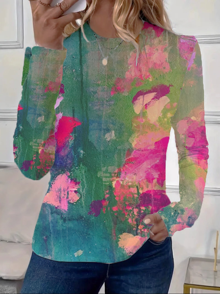 Women Abstract Long Sleeve Tee T-shirt Crew Neck Casual Spring/Fall Graphic Tee Top, JustFashionNow T-Shirts, color:As Picture|size:XXL