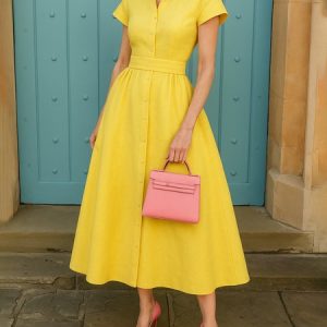 Casual Plain Cotton Distressing Shirt Collar Midi Dress, Midi Dresses, color:Yellow|size:XXL, Stylewe