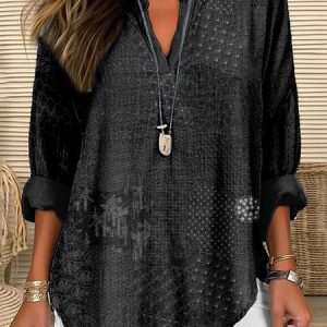 Shawl Collar Half Sleeve Abstract Geometry Regular Loose Blouse For Women, Blouses, color:Black|size:4XL, catalog Noracora shop