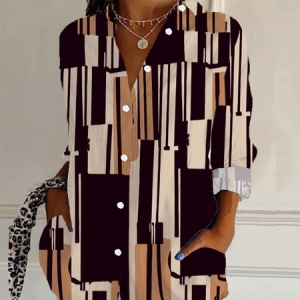 Women Geometric Long Sleeve Shirt Spring/Fall Buckle Shirt Collar Daily Casual Top, JustFashionNow Shirts, color:Brown|size:XXL,