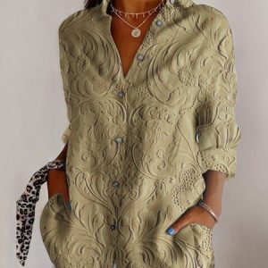 Women's Long Sleeve Shirt Spring/Fall Geometric Cotton Shirt Collar Daily Going Out Casual Top, JustFashionNow Blouses, color:Yellow|size:5XL,