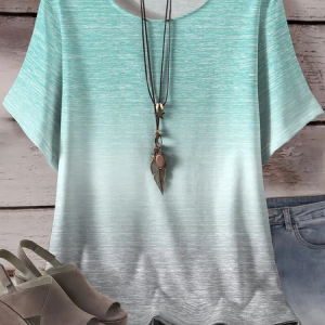 Women Ombre Short Sleeve Tee T-shirt Crew Neck Printing Casual Summer Graphic Tee Top, JustFashionNow T-Shirts, color:mint|size:4XL
