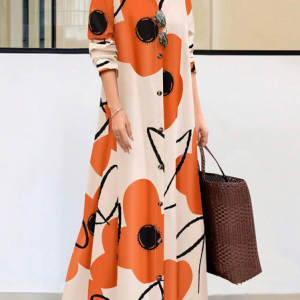 Casual Floral Printing Shirt Collar Maxi Dress, Maxi Dresses, color:Orange|size:XXL, Stylewe