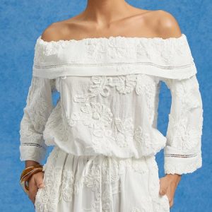 Pure Cotton Casual Jacquard Off-Shoulder Blouse, Blouses and Shirts, color:White|size:XXL, Stylewe
