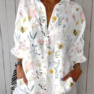 Shirt Collar Three Quarter Sleeve Floral Regular Loose Shirt For Women, Shirts, color:White|size:XXL, catalog Noracora shop