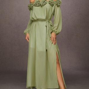 Elegant Sheer 3D Floral Slit Maxi Dress with Belt, Maxi Dresses, color:Green|size:XXL, Stylewe