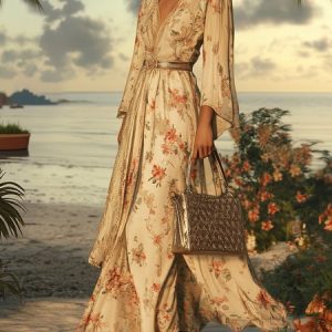 Vacation Floral Gathered Maxi Dress No Belt, Maxi Dresses, color:As Picture|size:XXL, Stylewe