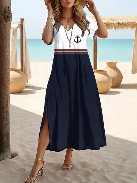 Women Anchor Short Sleeve Summer Printing Dress V Neck Daily Casual Maxi X-Line Dress, JustFashionNow Casual Dresses, color:Purplish Blue|size:3XL