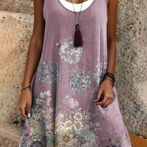 Women Floral Print Sundress Crew Neck Sleeveless Comfy Casual Midi Dress, Dresses, color:Purple|size:3XL, catalog Noracora shop
