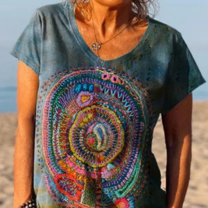 Vintage embroidery print art 3D fashion loose short sleeve V neck T-shirt, T-shirts, Lilicloth.com