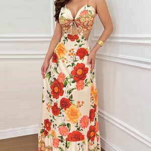 Floral Print V Neck Spaghetti Strap Lace Up Dress Sexy Waist Hollow Out Maxi Dress, women Print Dresses, ChicMe catalog