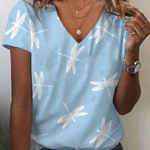 Women Dragonfly Short Sleeve Tee T-shirt V Neck Printing Casual Summer Graphic Tee Top, JustFashionNow T-Shirts, color:Blue|size:XXL,