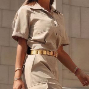 Cotton Casual Plain Pockets Shirt, Blouses and Shirts, color:Khaki|size:XXL, Stylewe
