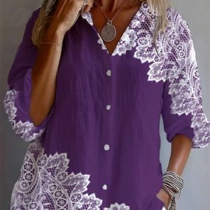 Shirt Collar Long Sleeve Floral Regular Micro-Elasticity Regular Fit Shirt For Women, Shirts, color:Purple|size:4XL, catalog Noracora shop