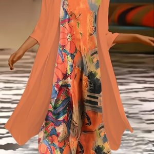 Women Abstract Printing Two-Piece Set Daily Three Quarter Sleeve Casual Spring/Fall Dress With Coat Matching Set, JustFashionNow Suit Set, color:Orange|size:XXL,