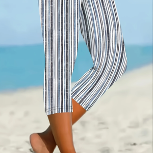 Casual Striped Capris Elastic Waist Printing Pant, Leggings, color:Blue|size:XXL, catalog Noracora shop