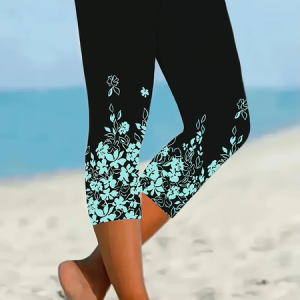 Casual Floral Printing Capris Elastic Waist Leggings, Leggings, color:Green|size:XXL, catalog Noracora shop