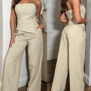 2 Pieces Outfit Side Buckle Design Bandeau Back Shirred Top and Casual Straight Leg Pants Set, women Two-piece Sets, ChicMe catalog