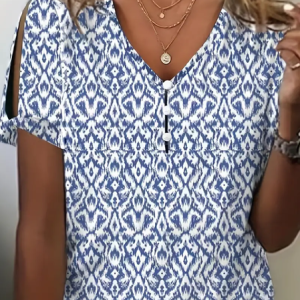 Women Geometric Short Sleeve Tee T-shirt V Neck Printing Casual Summer Top, JustFashionNow T-Shirts, color:Blue|size:5XL