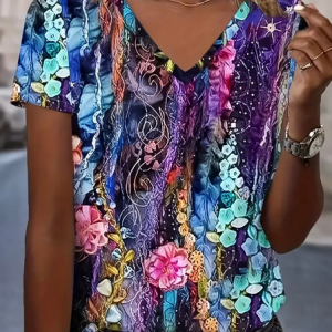 Casual Floral V Neck Short Sleeve T-shirt, T-shirts, color:Purple|size:XXL, catalog Noracora shop