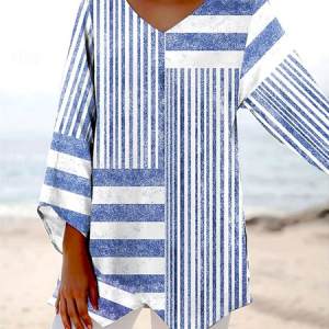 V Neck Long Sleeve Striped Regular Loose Blouse For Women, Blouses, color:Blue|size:3XL, catalog Noracora shop
