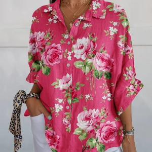 Women Floral Three Quarter Sleeve Shirt Spring/Fall Printing Shirt Collar Daily Casual Top, JustFashionNow Shirts, color:Rose Red|size:5XL,