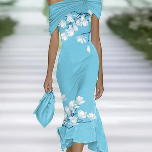 Women Floral Cap Sleeve Summer Printing Dress Cold Shoulder Daily Vintage Maxi H-Line Dress, JustFashionNow Casual Dresses, color:Blue|size:4XL,